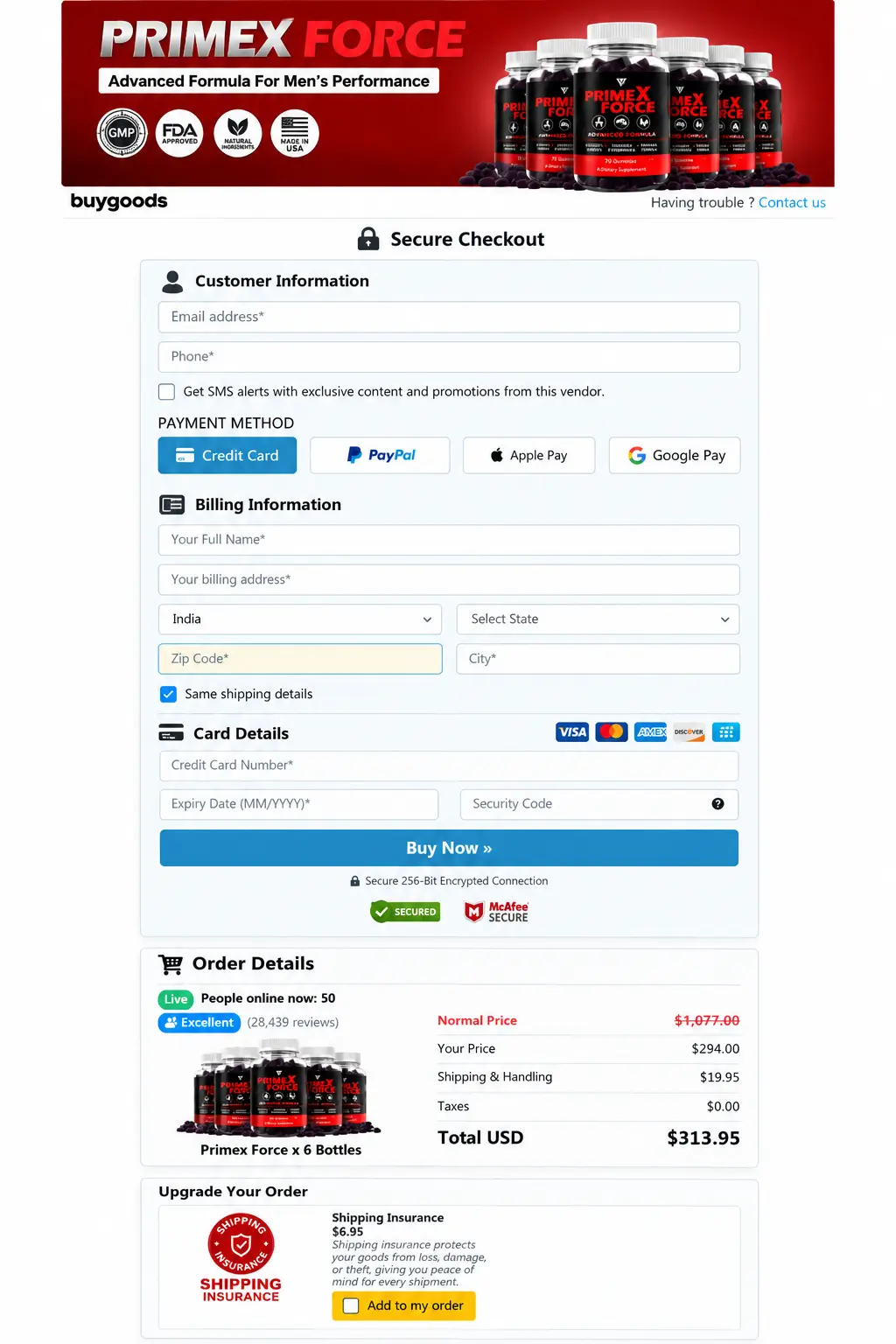 PrimeXForce order and checkout information
